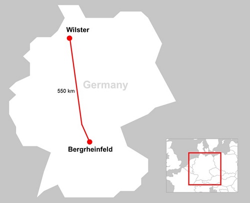 [image]SuedLink DC4 transmits electricity between Wilster in the north and Bergrheinfeld in the south.