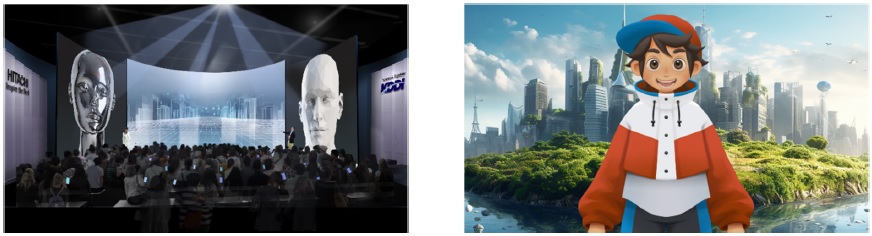 [image]Left: 120 people can enter the Theater Zone at once(image)/ Right: A child living in the future in 2035 who sends out an SOS(image)